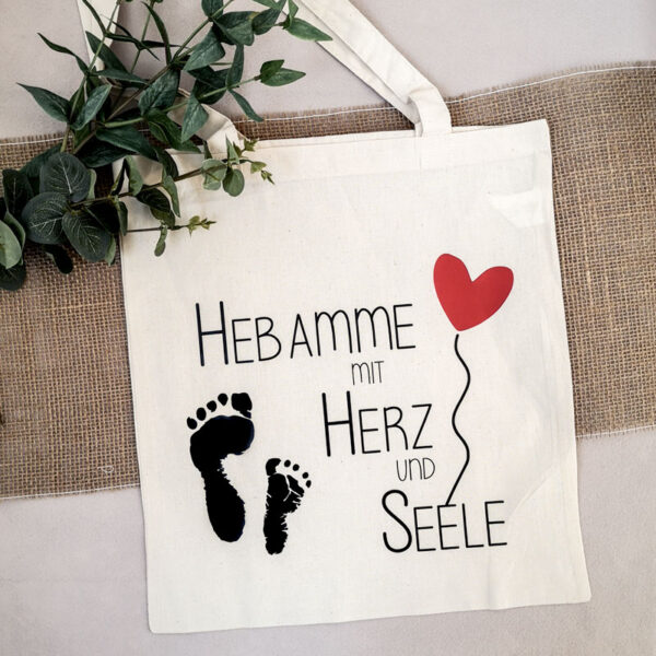 Stofftiger Stofftasche Hebamme, heller Beutel mit Fußabdrücken, Herz und Schriftzug