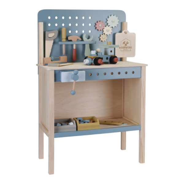 Stofftiger, Holzwerkbank, Werkbank, Werkzeug, Spielhammer, Spielschraubenzieher, Spielzeugwerkzeug, Werkzeug Kinder, Kinderspielzeug, Holzspielzeug, Little Dutch