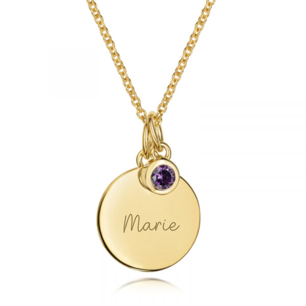 Stofftiger Halskette mit Geburtsstein Februar, goldfarbener Anhänger mit Name Marie und violettem Stein