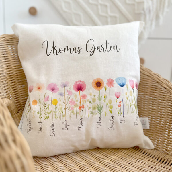 kissen uromas garten geschenkidee oma opa mama papa geschenk garten blumen muttertag vatertag stofftiger