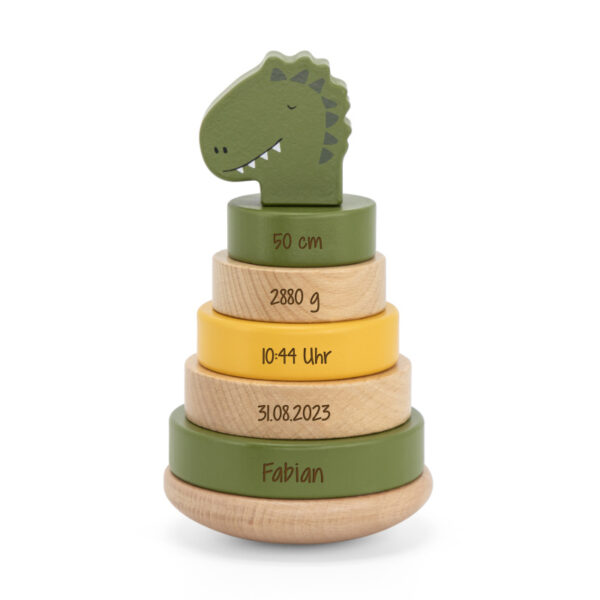 Trixie Stapelturm, Ringstapelturm Dino, Stapelturm Holz Holzspielzeug von Trixie, Stofftiger, Personalisierung mit Gravur