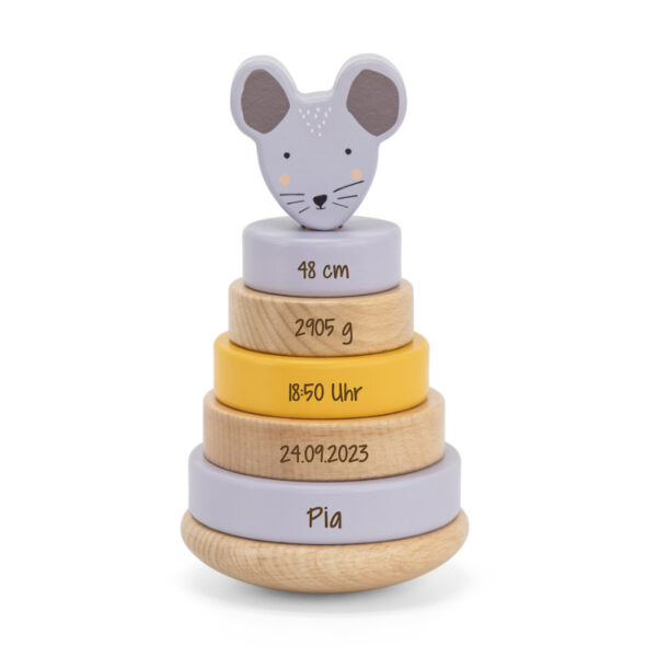 Trixie Baby, Stofftiger, Ringturm, Stapelringe,, Stapelturm, Ringstapelturm, Stapelturm Holz Holzspielzeug, Holzspielzeug, Motorik, Stofftiger, Personalisierung mit Gravur, Maus