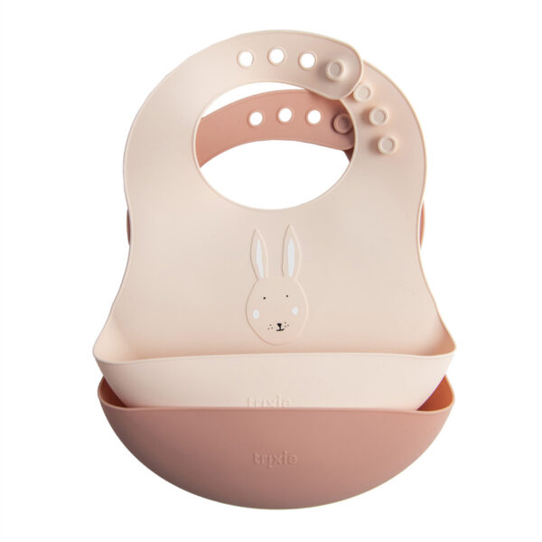 Trixie Baby Silikon Lätzchen Hase, rosa Lätzchen mit Auffangrinne von vorne