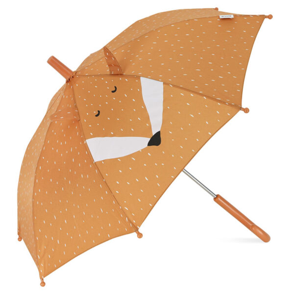 Trixie Baby Regenschirm Fuchs, aufgespannt in Orange mit Fuchsgesicht und Ohren am Rand