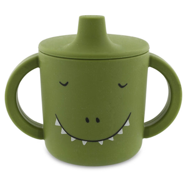 Trixie Baby Trinklernbecher Silikon Dino, grüner Becher mit zwei Griffen und Trinkdeckel