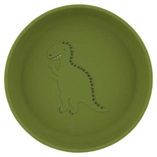 Trixie Baby Silikon Teller Dino, grüner Teller mit eingeprägtem Dinomotiv von oben