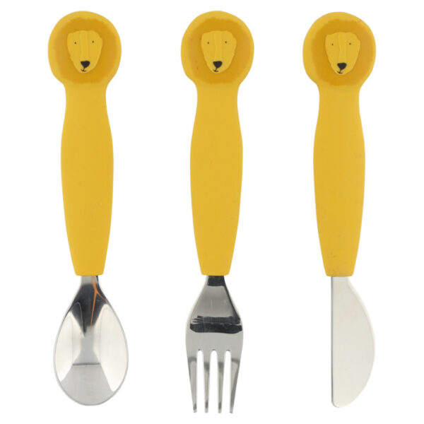 besteck-set besteckset kinderbesteck kinderlöffel kindergabel kindermesser silikongeschirr silikonbesteck kindergeschirr silikongeschirr kleinkind beikost beikoststart füttern unterwegs löffelset baby kleinkind trixie baby stofftiger