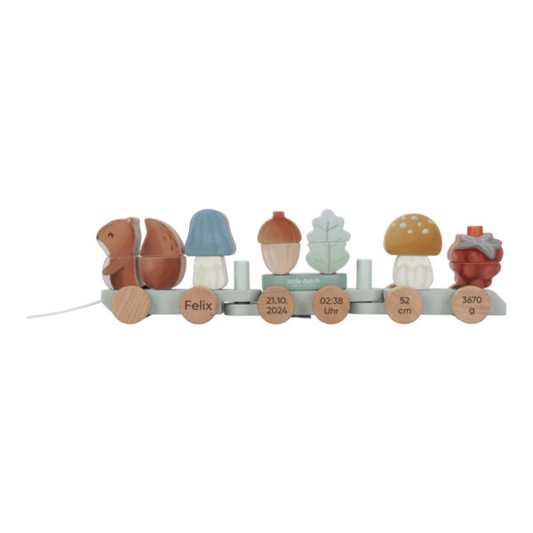 stofftiger little dutch holzzug holzeisenbahn zug eisenbahn steckformen zug mit steckformen personalisiertes geschenk geschenidee geschenk zur geburt taufgeschenk baby newborn lasergravur personalisierbar geburtsdaten holzspielzeug fsc zertifiziert forest friends eichhörnchen pilze waldtiere wald