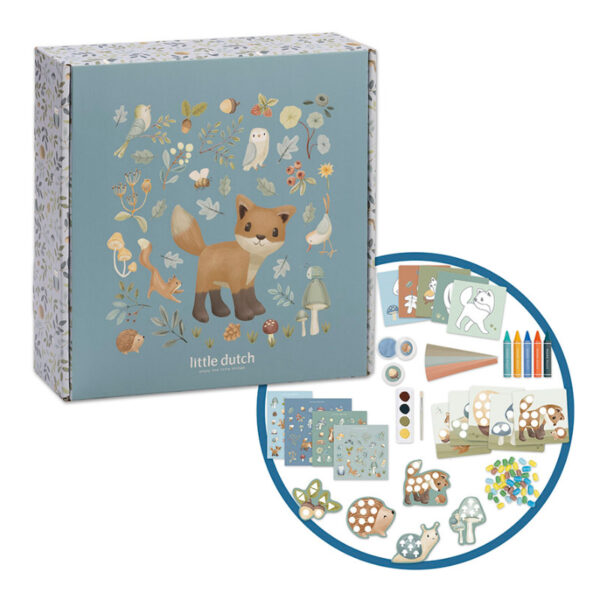 kreativbox malbox bastelbox bastelkoffer basteln malen kleben kneten schneiden kreativ sein kleine künstler ab 3 jahren geeignet geschenkidee geschenk zum geburtstag geburtstagsgeschenk kreativität fördern feinmotorik bastelspaß malspaß little dutch stofftiger forest friends