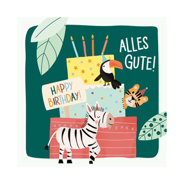 Grafikwerkstatt Klappkarte quadratisch, grüne Karte mit Zebra und Tukan