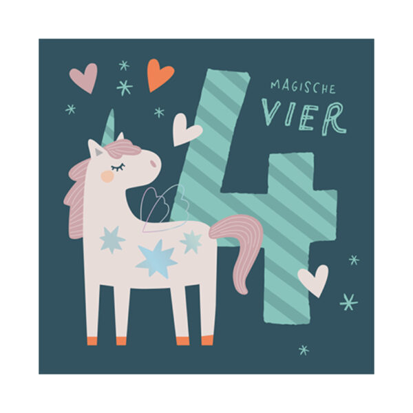 Grafikwerkstatt Klappkarte quadratisch, dunkle Karte mit Einhorn und großer Vier