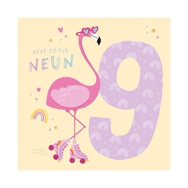 Grafikwerkstatt Klappkarte quadratisch, gelbe Karte mit Flamingo und großer Neun