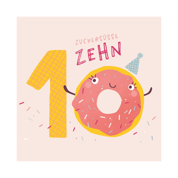 Grafikwerkstatt Klappkarte quadratisch, helle Karte mit Donut und großer Zehn