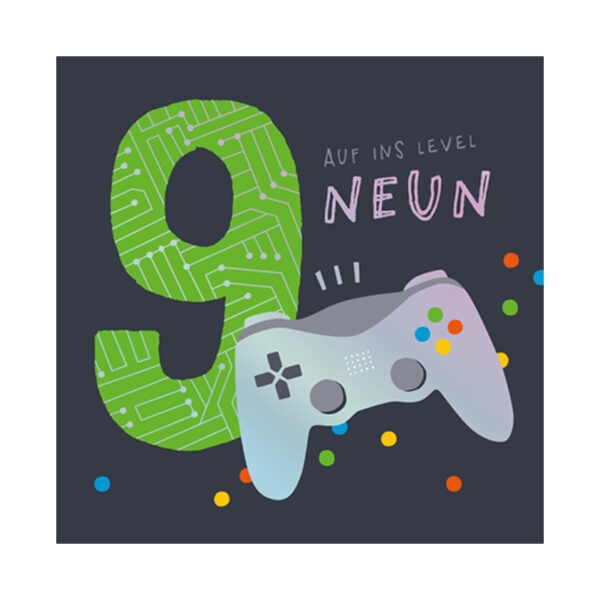 Grafikwerkstatt Klappkarte quadratisch, dunkle Karte mit Gamecontroller und Neun