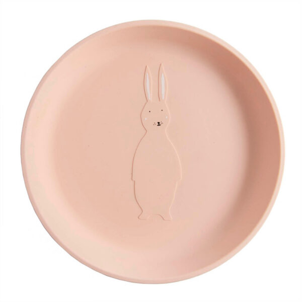 Trixie Baby Silikon Teller Hase, rosa Teller mit eingeprägtem Hasenmotiv von oben