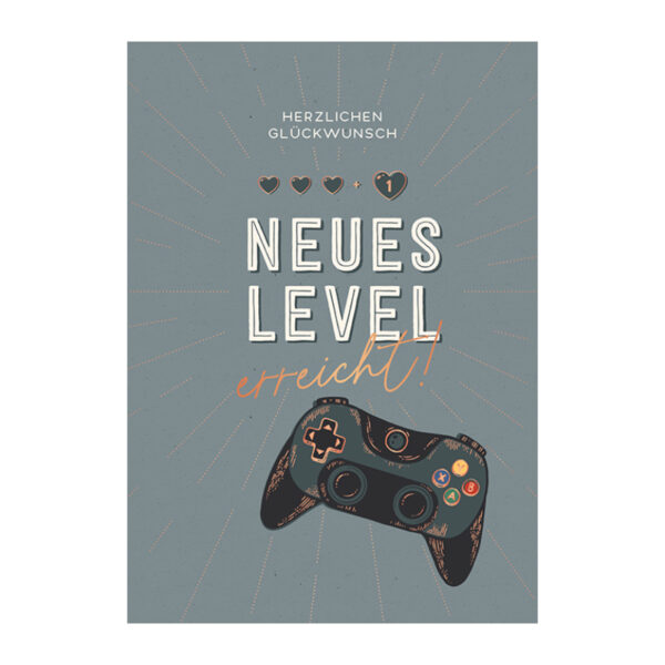 Grafikwerkstatt Klappkarte Neues Level erreicht, graue Karte mit Gamecontroller