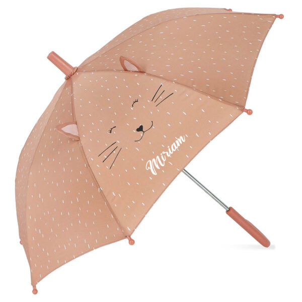 Trixie Baby Regenschirm Katze, aufgespannt in Altrosa mit Katzengesicht und Namensschriftzug