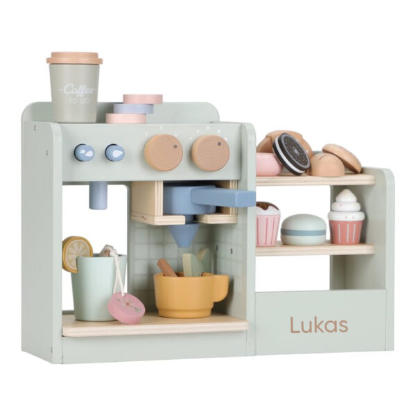 Kaffee Ecke, Kaffeeecke, Kaffeemaschine Holz, Holzspielzeug, Küche, Kinderküche, Küchenspielzeug, Spielzeug, Holzspielzeug, Holz, nachhaltiges Spielzeug, Niederländisches Label, skandinavisches Spielzeug, pastell, Geschenk, stofftiger, little dutch