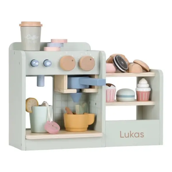 Kaffee Ecke, Kaffeeecke, Kaffeemaschine Holz, Holzspielzeug, Küche, Kinderküche, Küchenspielzeug, Spielzeug, Holzspielzeug, Holz, nachhaltiges Spielzeug, Niederländisches Label, skandinavisches Spielzeug, pastell, Geschenk, stofftiger, little dutch