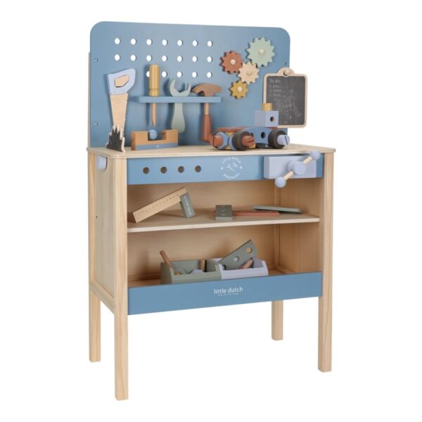 Stofftiger, Holzwerkbank, Werkbank, Werkzeug, Spielhammer, Spielschraubenzieher, Spielzeugwerkzeug, Werkzeug Kinder, Kinderspielzeug, Holzspielzeug, Little Dutch