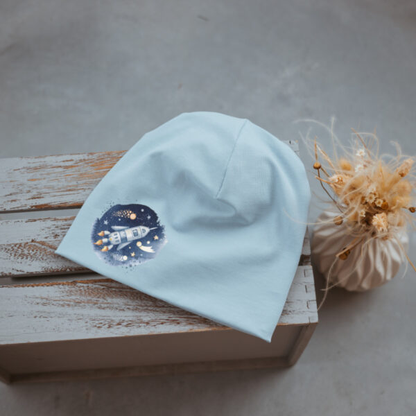 Stofftiger Haube hellblau Weltraum, hellblaue Jerseyhaube mit Planetenmotiv