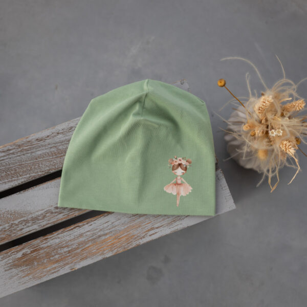 Stofftiger Haube mint Ballerina, mintgrüne Jerseyhaube mit stehender Ballerina als Motiv