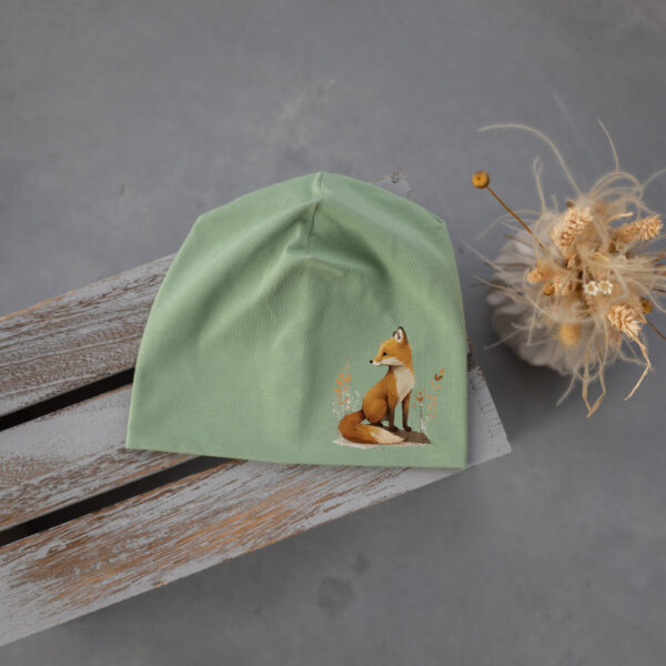 Stofftiger Haube mint Fuchs, mintgrüne Jerseyhaube mit sitzendem Fuchs als Motiv