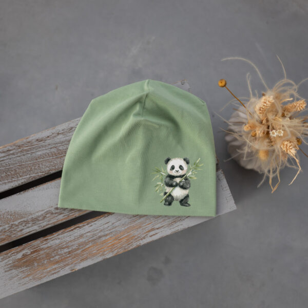 Stofftiger Haube mint Panda, mintgrüne Jerseyhaube mit Pandamotiv