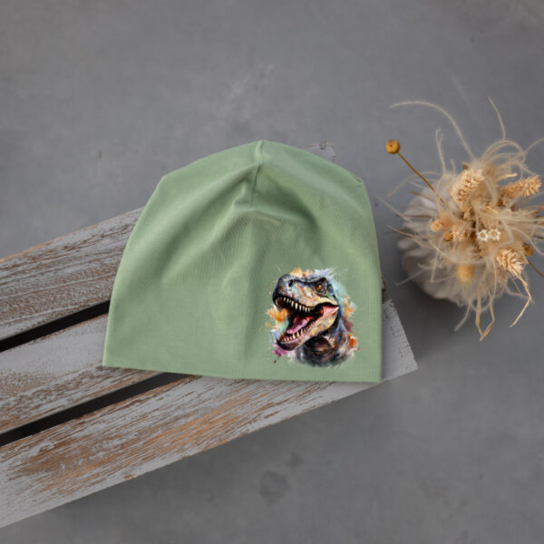 Stofftiger Haube mint T-Rex, mintgrüne Jerseyhaube mit Dinomotiv