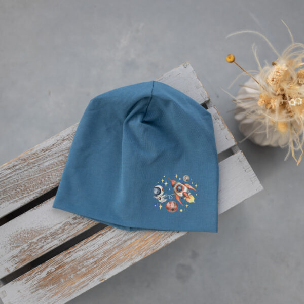 Stofftiger Haube rauchblau Rakete, rauchblaue Jerseyhaube mit Raketenmotiv