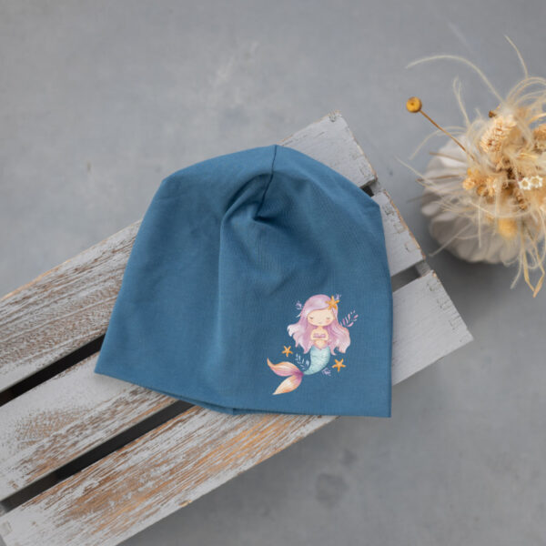 Stofftiger Haube rauchblau Meerjungfrau, rauchblaue Jerseyhaube mit schwimmender Meerjungfrau