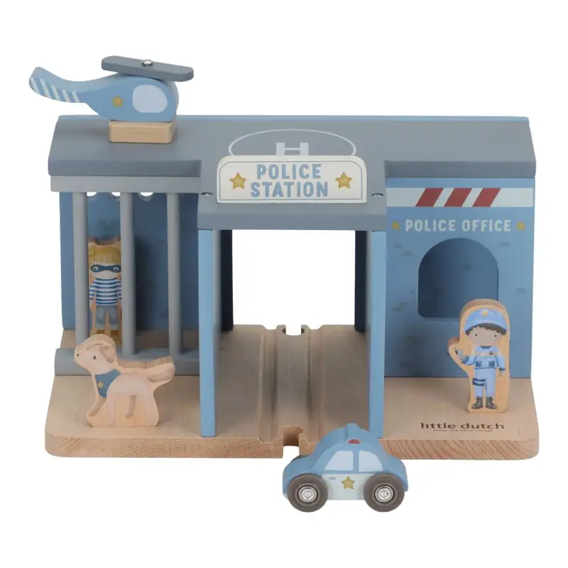 little dutch, polizei, holzeisenbahn xxl starter-set, holzeisenbahn mit schienen, holzspielzeug, eisenbahn mit schienen, zug mit schienen, stofftiger, polizeistation