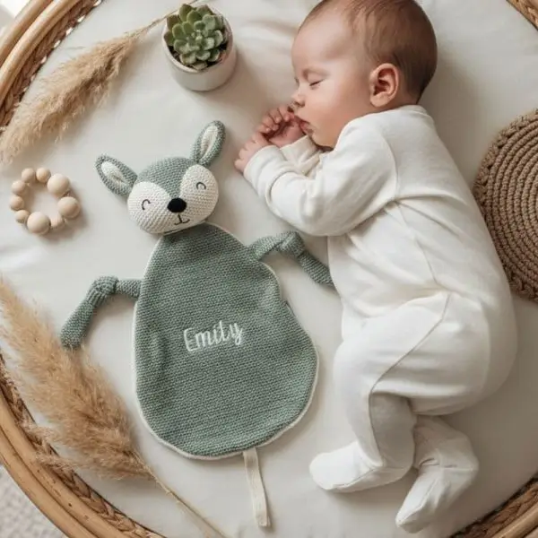 Schmusetuch Reh bestickt personalisiert Schnullertuch Babygeschenk Geburt Taufe Babyparty Baumwolle Frottee Namensstickerei Österreich Wien Graz Linz Salzburg Geschenkidee Kuscheltier Begleiter Kinderwagen Babybett Unikat