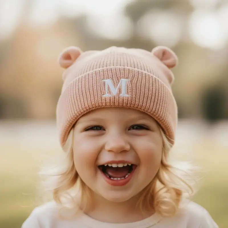 Haube mit Patch und Bestickung personalisiert Kind Bär