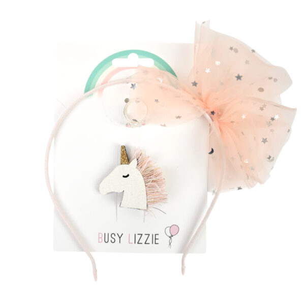 Busy Lizzie Zubehörset Einhorn mit drei aufeinander abgestimmten Haaraccessoires im Einhorn-Design auf dekorativer Produktkarte