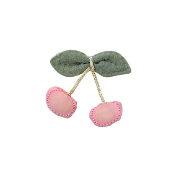 Rosa-grüne Haarspange mit Kirschen-Motiv, 5 cm groß, auf Produktkarte präsentiert