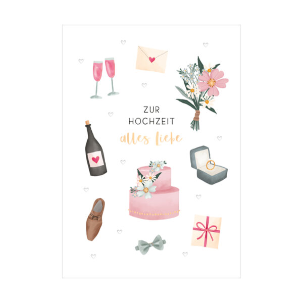 Grafikwerkstatt Klappkarte Zur Hochzeit, Karte mit Sektgläsern, Torte und Ringen