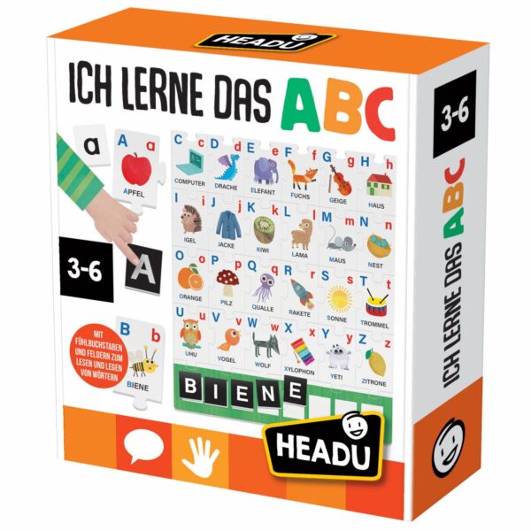 Headu Montessori Fühl-ABC Lernspiel: taktile Puzzleteile zum ABC lernen, Buchstaben fühlen und Wörter assoziieren – pädagogisches Spielzeug ab 3 Jahren.