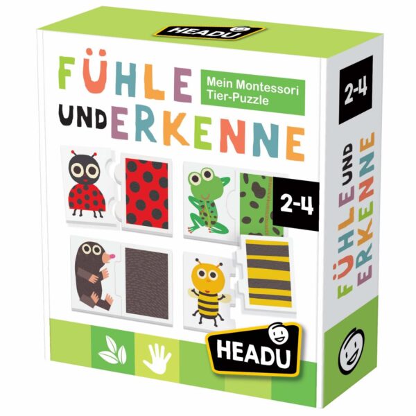 Headu Tier-Puzzle Fühle und erkenne: 9 doppelseitige Montessori-Puzzles mit Tierkleidern, Mustern und Wiesenmotiv – taktil für Tastsinn und Naturerkennen.