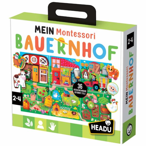 Headu “Mein Montessori Bauernhof” taktiles Puzzle: 6 Bauernhof-Bildtafeln; 36 geformte Teile mit haptischen Oberflächen für Sinnesförderung – Montessori Lernspielzeug ab 1 Jahr mit Tieren und Farm-Motiven.