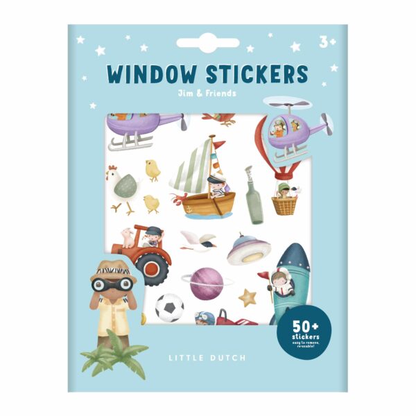 Bunte wiederverwendbare Fenstersticker Little Dutch Jim & Friends für Kinder ab 3 Jahren – kreative Aufkleber Polypropylen für Fenster Spiegel Glas, Feinmotorik Spielzeug mit Freunden-Motiven.