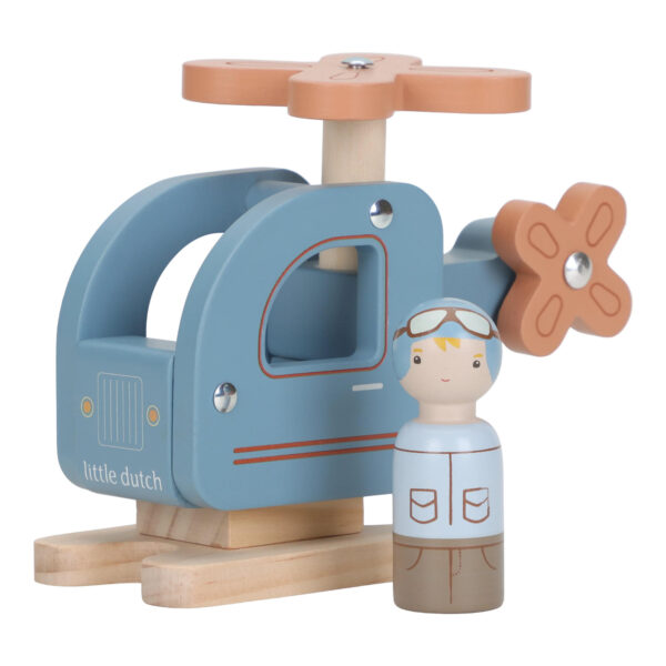 Holzhelikopter mit Figur, Spielhelikopter, Holzfigur mit Hubschrauber, Fahrzeug aus Holz, Hubschrauber zum Spielen