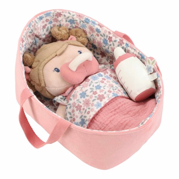 Babypuppe im rosa Körbchen mit weichem Stoffkörper für Kinder, Stoffbabypuppe, Kuschelpuppe mit Zubehör, Geschenk für Geschwisterkinder