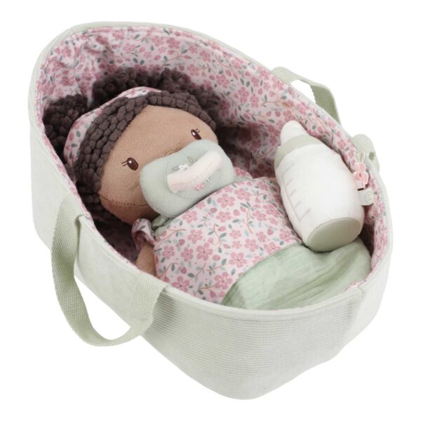 Babypuppe im rosa Körbchen mit weichem Stoffkörper für Kinder, Stoffbabypuppe, Kuschelpuppe mit Zubehör, Geschenk für Geschwisterkinder