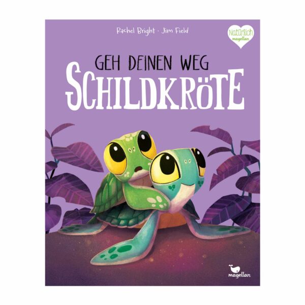 Süße Illustration: Mutige Schildkröte Marla sucht Bruder Mini am Strand mit Affe, Krabbe und Tukan – Bilderbuch „Geh deinen Weg, Schildkröte“ von Rachel Bright, Jim Field.
