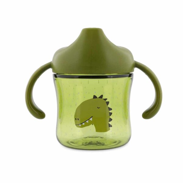 Trinklerntasse mit Griffen Mr. Dino Trixie Baby: Transparenter Trinkbecher aus Tritan™ mit Griffen und Dino-Design, auslaufsicher für Babys ab 4 Monaten, spülmaschinenfest und bruchfest.