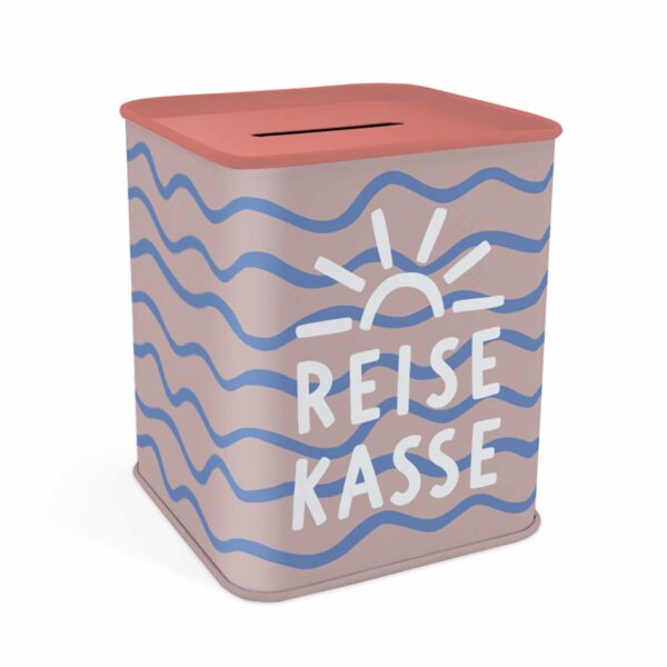 Stylische Reisekasse Spardose in Rosa mit Sonnen- und Wellenmotiv (7,8x9,3x7,8 cm), Bodenverschluss – ideal zum Sparen für Urlaubsabenteuer neben Pampasgras und Reiseführern.