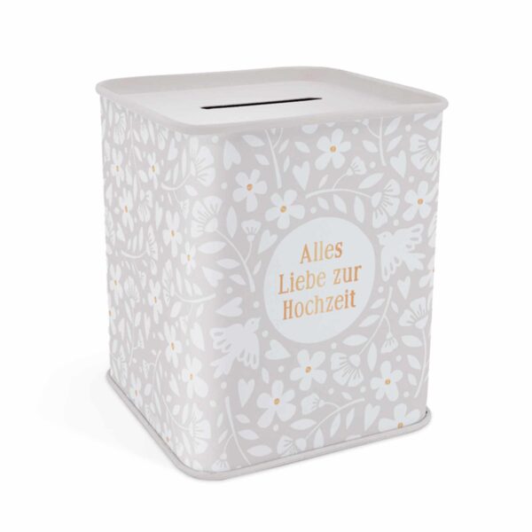 Romantische Spardose „Alles Liebe zur Hochzeit“ (7,8x9,3x7,8 cm) mit praktischem Bodenverschluss – perfektes Hochzeitsgeschenk zum Geld sparen und Träume verwirklichen.