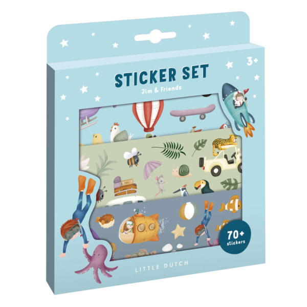 Little Dutch Stickerset Jim & Friends mit 3 Bögen Aufklebern in Box, buntes Bastel-Set für Kinder ab 3 Jahren zum Dekorieren und kreativem Spiel.
