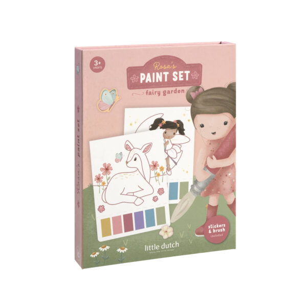 Little Dutch Wassermal-Set Rosa’s Fairy Garden: Rosa Mappe mit Ausmalbildern von Feen, Hasen, Bienen, Wasserfarben, Pinsel und Stickern – magischer Malspaß ab 3 Jahren
